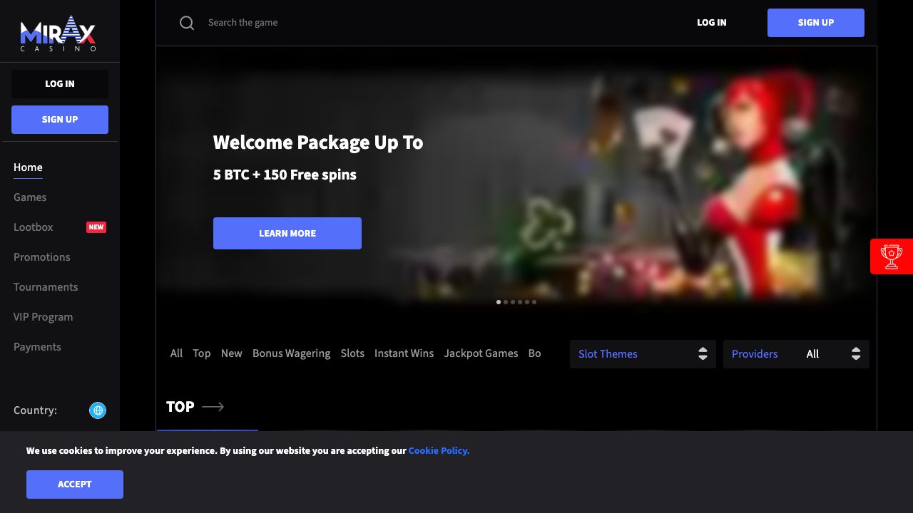 Mirax Casino homepage